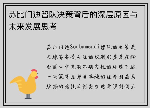 苏比门迪留队决策背后的深层原因与未来发展思考 苏比门迪留队决策背后的深层原因与未来发展思考