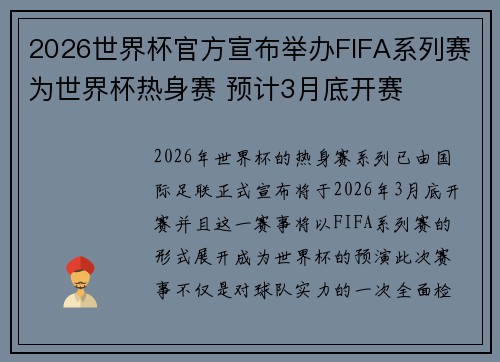 2026世界杯官方宣布举办FIFA系列赛为世界杯热身赛 预计3月底开赛