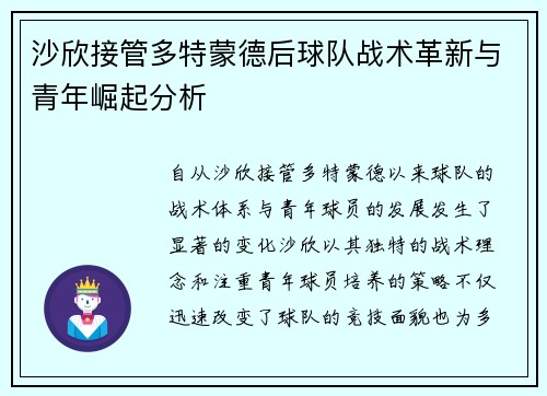 沙欣接管多特蒙德后球队战术革新与青年崛起分析 沙欣接管多特蒙德后球队战术革新与青年崛起分析